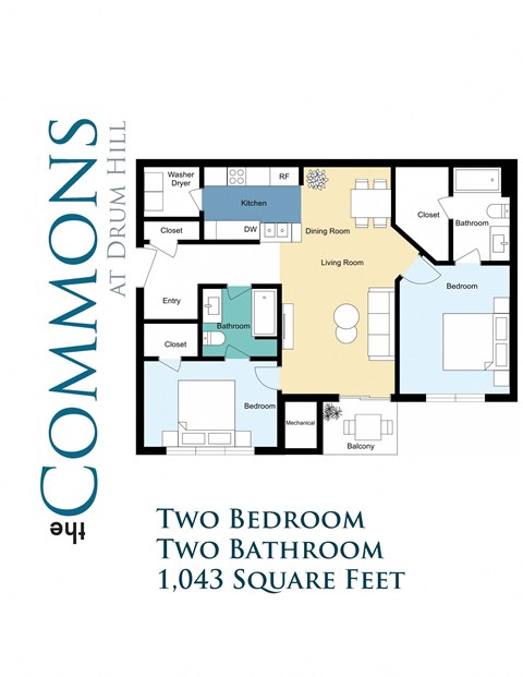 Floor plan for 2 beds, 2 baths, 1043 sqft